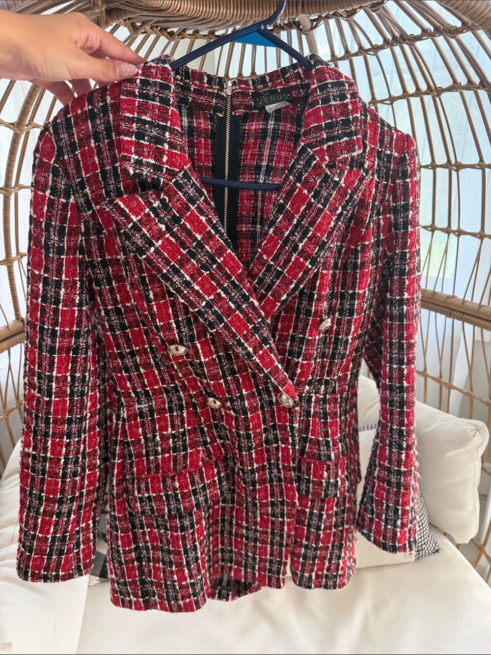 VENUS Red & Black Plaid Tweed Double-Breasted Blazer